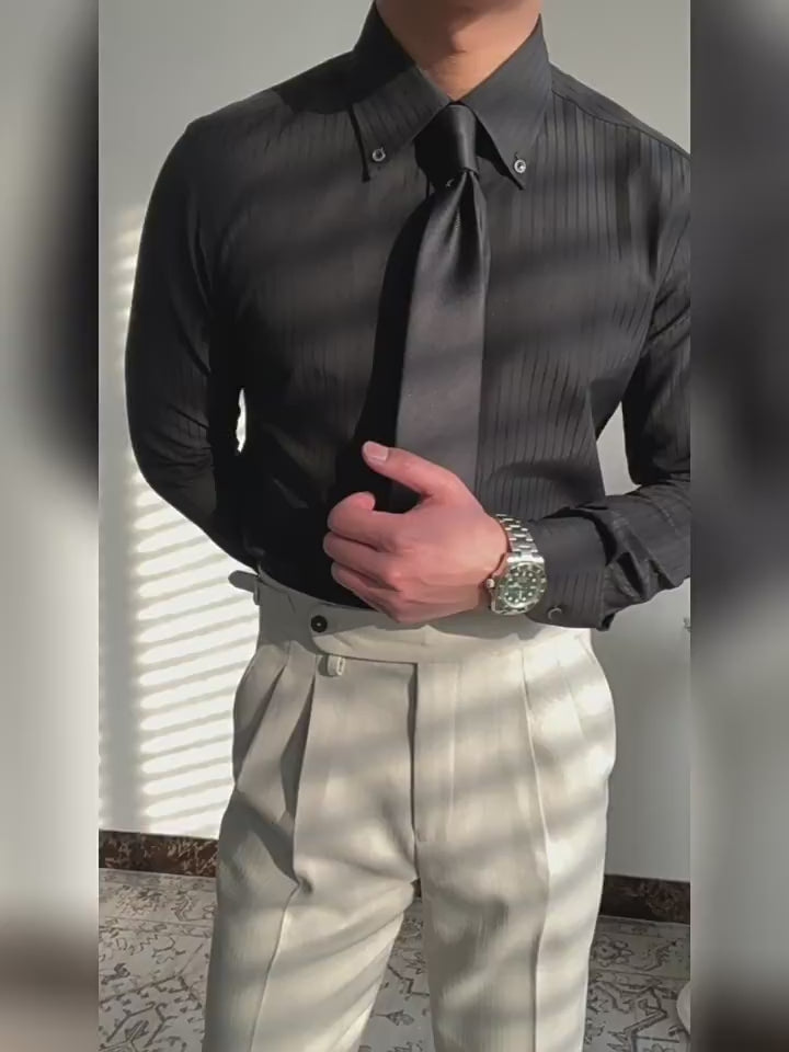 Long-Point Collar Striped Shirt